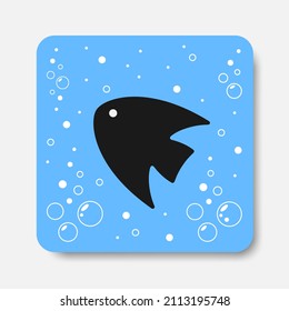 Silueta de pez negro con burbujas blancas de fondo azul. Mejor para diseño web, impreso, logo y marca.