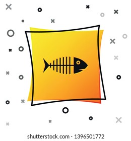 Black Fish skeleton icon isolated on white background. Fish bone sign. Yellow square button. Vector Illustration
