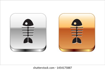 Black Fish skeleton icon isolated on white background. Fish bone sign. Silver-gold square button. Vector Illustration