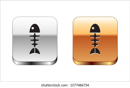 Black Fish skeleton icon isolated on white background. Fish bone sign. Silver-gold square button. Vector Illustration