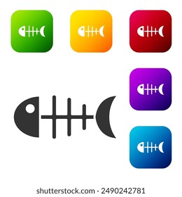 Black Fish skeleton icon isolated on white background. Fish bone sign. Set icons in color square buttons. Vector