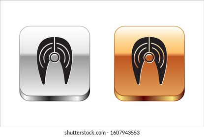 Black Fish steak icon isolated on white background. Silver-gold square button. Vector Illustration