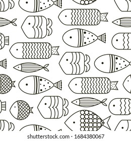 Black fish. Vector line seamless pattern.