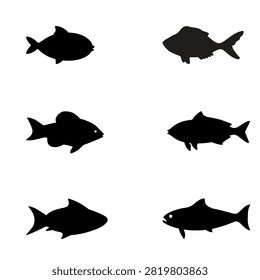 Black fish vector silhouettes, showing freshwater and saltwater fish species.