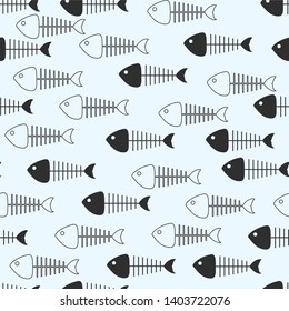 black fishbone skeleton dead fish on blue color of background seamless pattern element for wallpaper, banner, label, logo, icon etc. flat vector design