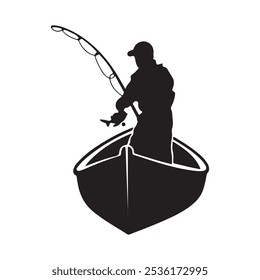 black fisherman in boat logo vector silhouette 