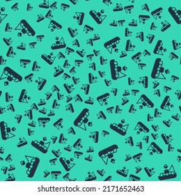 Black Fisherman sitting in a boat and fishing with a rod icon isolated seamless pattern on green background.  Vector