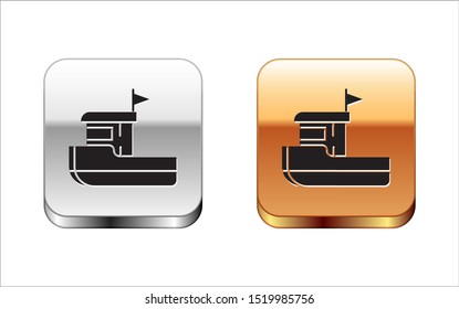 Black Fishing boat icon isolated on white background. Silver-gold square button. Vector Illustration