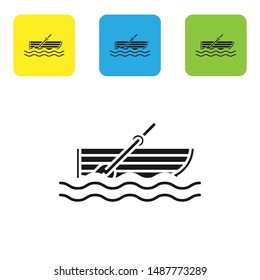 Black Fishing boat with oars on water icon isolated on white background. Set icons colorful square buttons. Vector Illustration