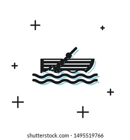 Black Fishing boat with oars on water icon isolated on white background.  Vector Illustration