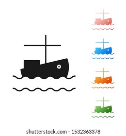Black Fishing boat on water icon isolated on white background. Set icons colorful. Vector Illustration