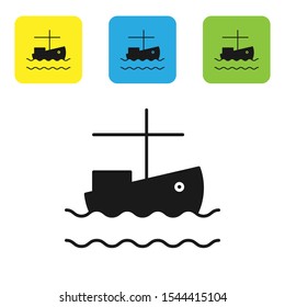 Black Fishing boat on water icon isolated on white background. Set icons colorful square buttons. Vector Illustration