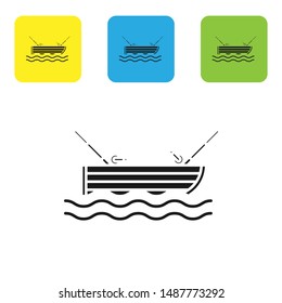 Black Fishing boat with fishing rod on water icon isolated on white background. Set icons colorful square buttons. Vector Illustration