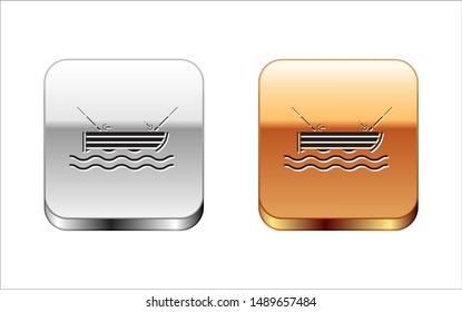 Black Fishing boat with fishing rod on water icon isolated on white background. Silver-gold square button. Vector Illustration