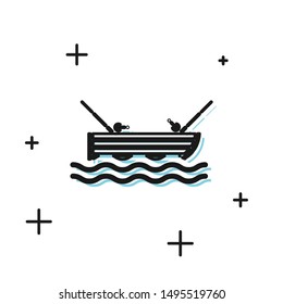 Black Fishing boat with fishing rod on water icon isolated on white background.  Vector Illustration
