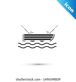Black Fishing boat with fishing rod on water icon isolated on white background.  Vector Illustration