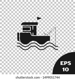 Black Fishing boat with fishing rod on water icon isolated on transparent background.  Vector Illustration