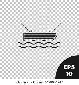 Black Fishing boat with fishing rod on water icon isolated on transparent background.  Vector Illustration