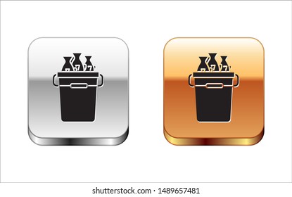 Black Fishing bucket with fishes icon isolated on white background. Fish in a bucket. Silver-gold square button. Vector Illustration