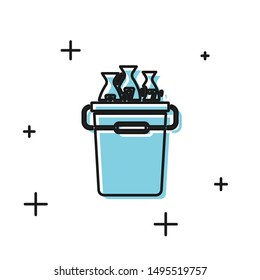 Black Fishing bucket with fishes icon isolated on white background. Fish in a bucket.  Vector Illustration