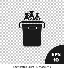 Black Fishing bucket with fishes icon isolated on transparent background. Fish in a bucket.  Vector Illustration