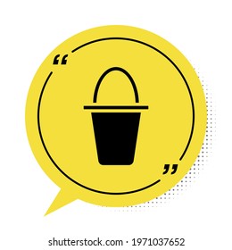 Black Fishing bucket icon isolated on white background. Fish in a bucket. Yellow speech bubble symbol. Vector