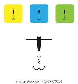 Black Fishing hook and float icon isolated on white background. Fishing tackle. Set icons colorful square buttons. Vector Illustration