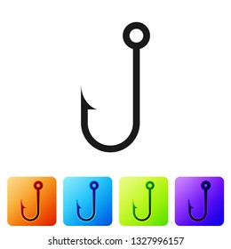 Black Fishing hook icon isolated on white background. Set icon in color square buttons. Vector Illustration