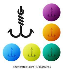 Black Fishing hook icon isolated on white background. Fishing tackle. Set icons colorful circle buttons. Vector Illustration