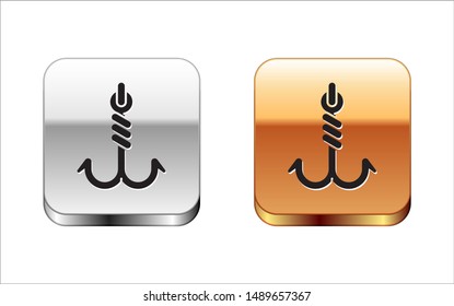 Black Fishing hook icon isolated on white background. Fishing tackle. Silver-gold square button. Vector Illustration