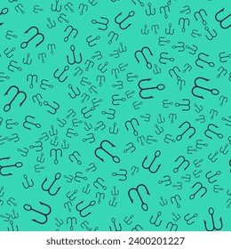 Black Fishing hook icon isolated seamless pattern on green background. Fishing tackle.  Vector