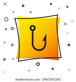 Black Fishing hook icon isolated on white background. Fishing tackle. Yellow square button. Vector Illustration