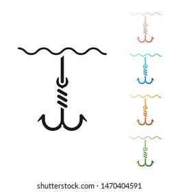 Black Fishing hook under water icon isolated on white background. Fishing tackle. Set icons colorful. Vector Illustration