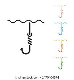 Black Fishing hook under water icon isolated on white background. Fishing tackle. Set icons colorful. Vector Illustration