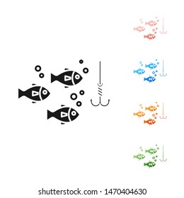 Black Fishing hook under water with fish icon isolated on white background. Fishing tackle. Set icons colorful. Vector Illustration