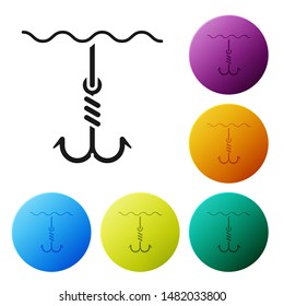 Black Fishing hook under water icon isolated on white background. Fishing tackle. Set icons colorful circle buttons. Vector Illustration