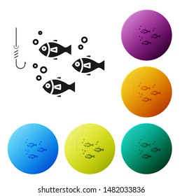 Black Fishing hook under water with fish icon isolated on white background. Fishing tackle. Set icons colorful circle buttons. Vector Illustration