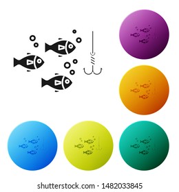 Black Fishing hook under water with fish icon isolated on white background. Fishing tackle. Set icons colorful circle buttons. Vector Illustration