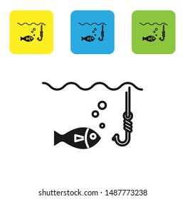 Black Fishing hook under water with fish icon isolated on white background. Fishing tackle. Set icons colorful square buttons. Vector Illustration