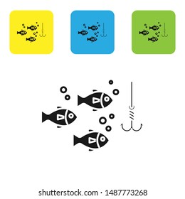 Black Fishing hook under water with fish icon isolated on white background. Fishing tackle. Set icons colorful square buttons. Vector Illustration