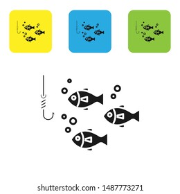 Black Fishing hook under water with fish icon isolated on white background. Fishing tackle. Set icons colorful square buttons. Vector Illustration
