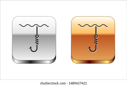 Black Fishing hook under water icon isolated on white background. Fishing tackle. Silver-gold square button. Vector Illustration