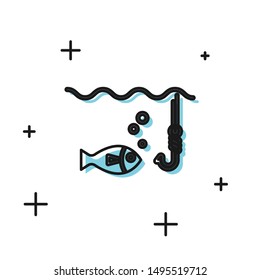 Black Fishing hook under water with fish icon isolated on white background. Fishing tackle.  Vector Illustration