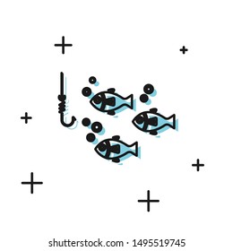 Black Fishing hook under water with fish icon isolated on white background. Fishing tackle.  Vector Illustration