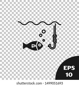 Black Fishing hook under water with fish icon isolated on transparent background. Fishing tackle.  Vector Illustration