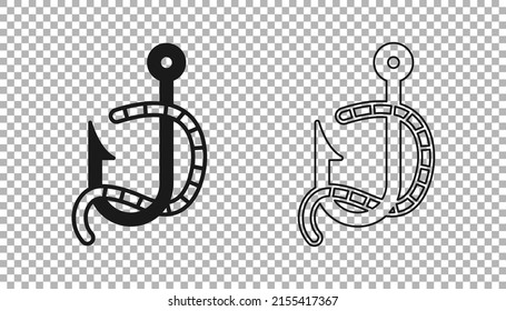 Black Fishing hook and worm icon isolated on transparent background. Fishing tackle.  Vector
