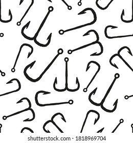 Black fishing hooks isolated on white background. Monochrome ink seamless pattern. Vector flat graphic hand drawn illustration. Texture.