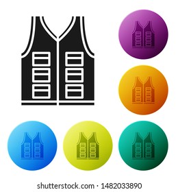 Black Fishing jacket icon isolated on white background. Fishing vest. Set icons colorful circle buttons. Vector Illustration