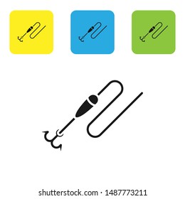 Black Fishing line with hook and float icon isolated on white background. Fishing tackle. Set icons colorful square buttons. Vector Illustration