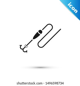Black Fishing line with hook and float icon isolated on white background. Fishing tackle.  Vector Illustration